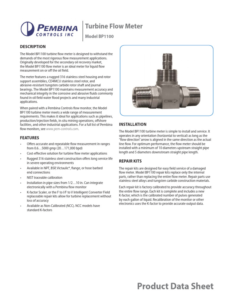 BP1100 Threaded Turbine Flow Meter Data Sheet | PDF | Flow Measurement ...
