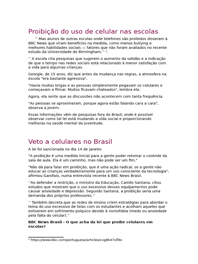Proibição Do Uso de Celular Nas Escolas | PDF | Celulares | Psicologia