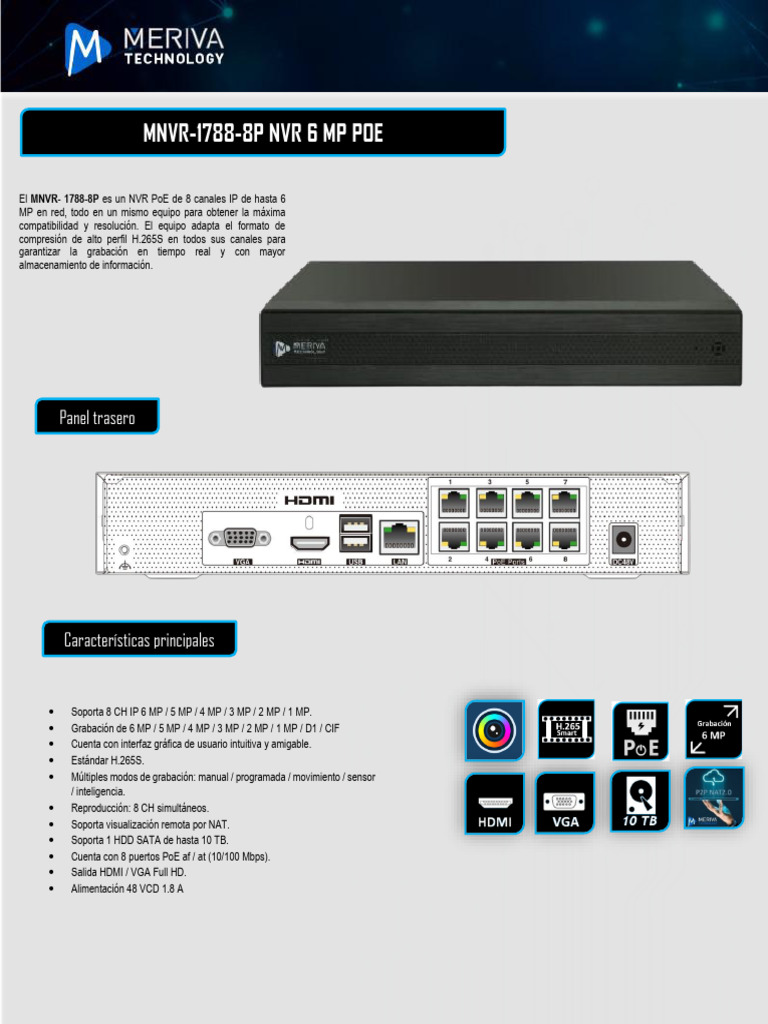 NVR PoE 8 Canales 6 MP MNVR-1788-8P | PDF | Hdmi | Píxel