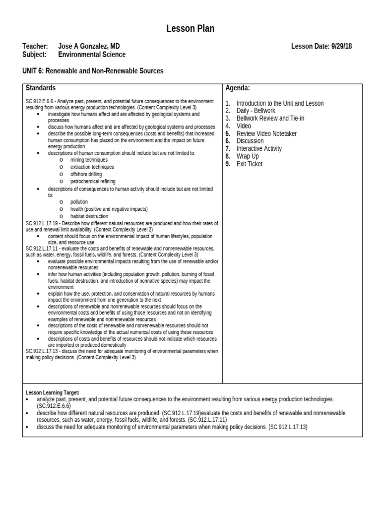 Lesson Plan Sustainability Formal Pdf Energy Development Cost