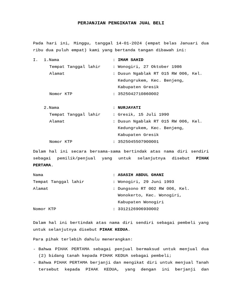 Perjanjian Jual Beli Tanah Gresik | PDF