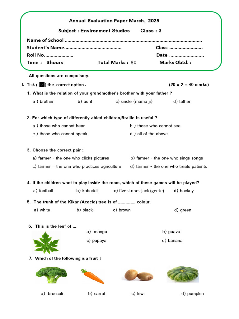 Class 3 Environment Studies Exam Paper | PDF
