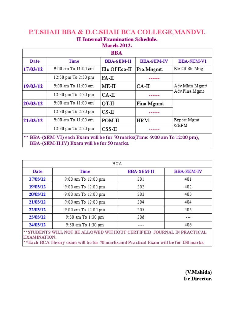 BBA & BCA Internal Exam Schedule 2012 | PDF