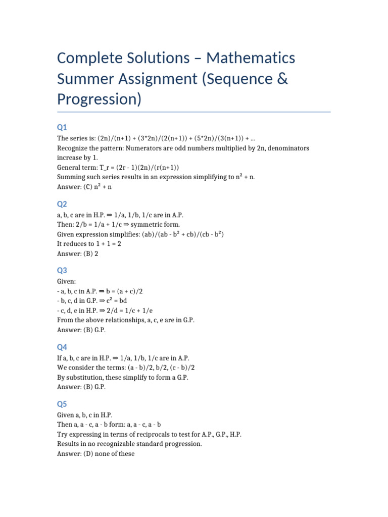 Maths Summer Assignment Complete Solutions Q1 To Q100 | PDF ...