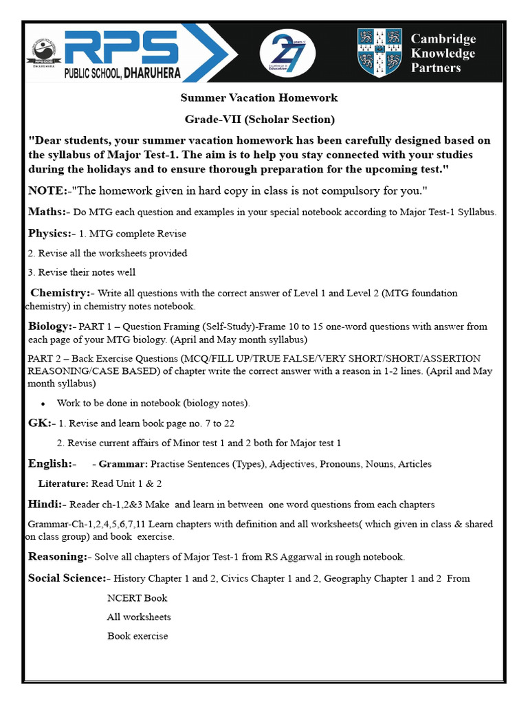VII Scholar Section Holiday Homework-1 | PDF