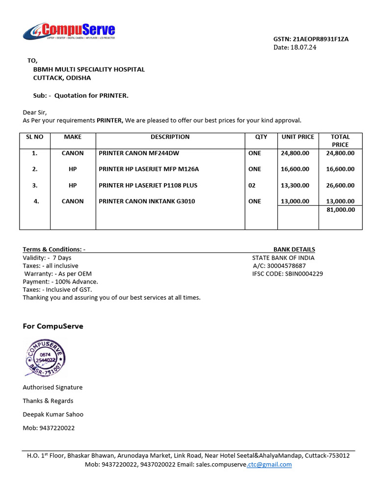 Printer Quotation for BBMH Hospital | PDF