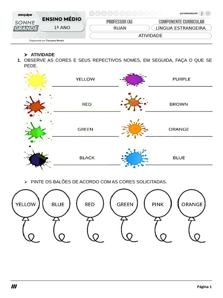 Atividades de Língua Estrangeira 1º Ano | PDF
