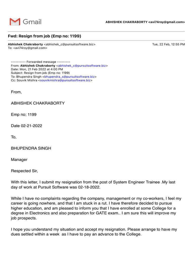 FWD Resign From Job (Emp No 1199) | PDF