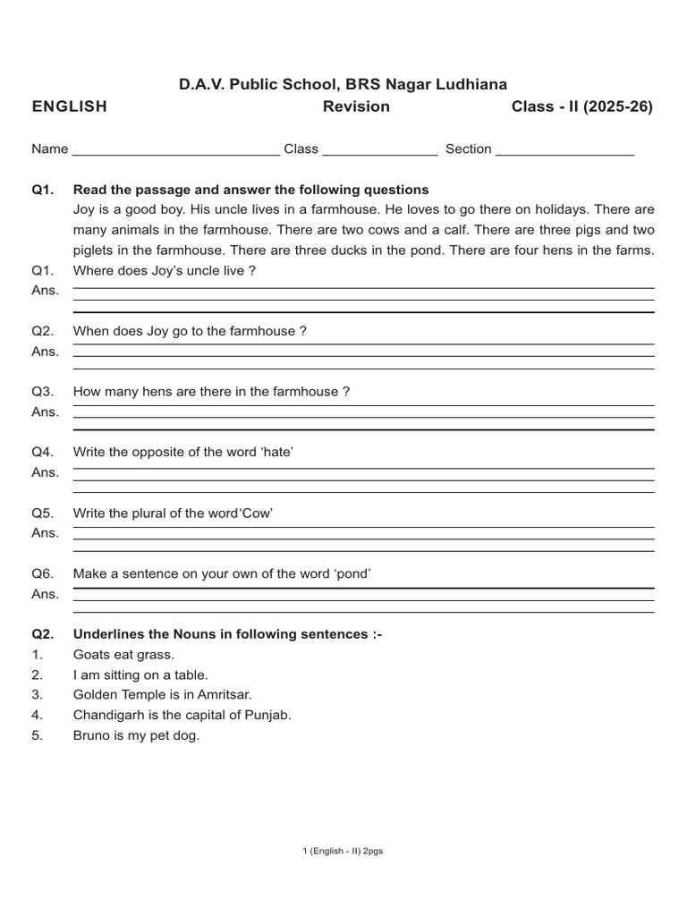 Class II English Revision Worksheet | PDF