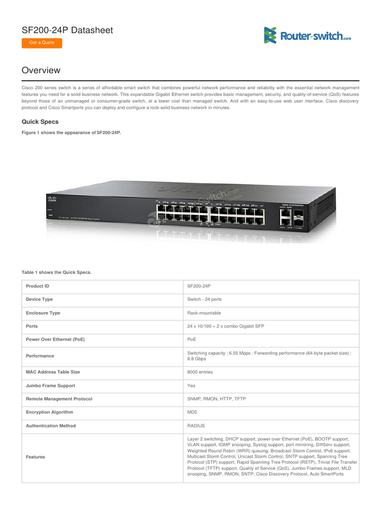 Cisco SF200-24P Switch Datasheet | PDF | Network Switch | Computer Network