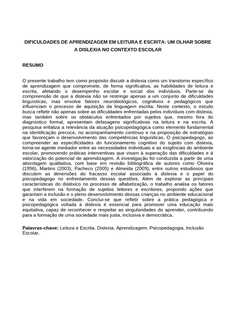 Dislexia e Dificuldades de Aprendizagem | PDF | Dislexia | Aprendizado