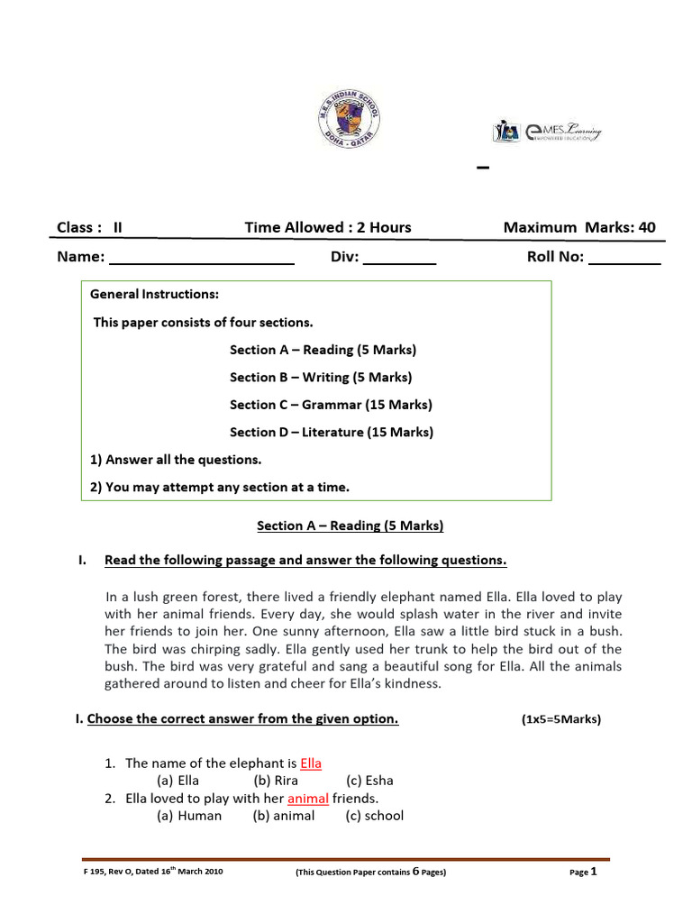 English Model Question Paper for Class II | PDF | Linguistic Morphology ...