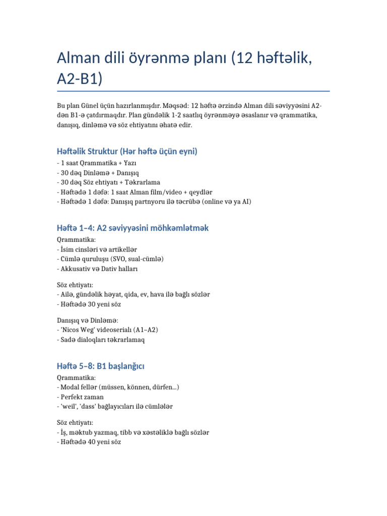Alman Dili Oyrenme Plani Gunel | PDF