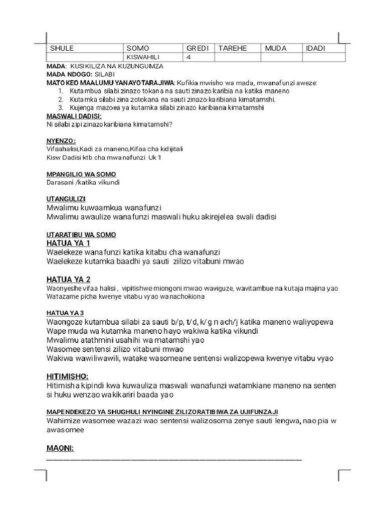 Grade 4 Kiswahili Lesson Plans Term 1 2 and 3 Kiswahili Dadisi Phoenix ...