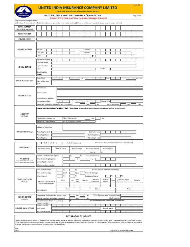 Motor Claim Form for Two Wheelers | PDF | Traffic Collision | Driving