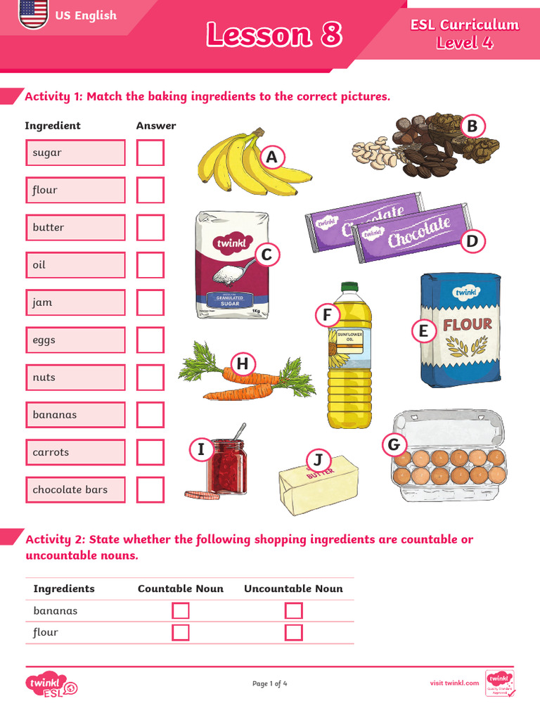ESL Baking Ingredients Activities | PDF | English As A Second Or ...