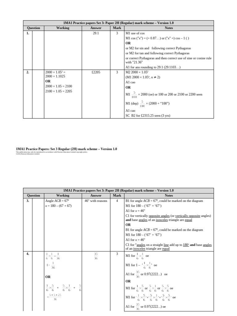 1MA1 Paper 2H Mark Scheme Set 3 | PDF | Triangle Geometry | Geometry