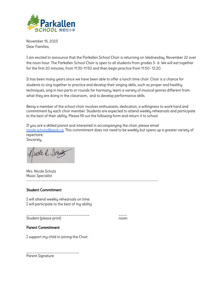 Parkallen Choir Letter | PDF