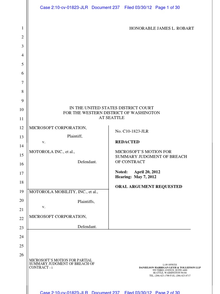 12-03-30 Microsoft Motion For Partial Summary Judgment Against Motorola ...