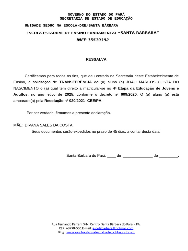 Transferência de Aluno na EJA 2025 | PDF