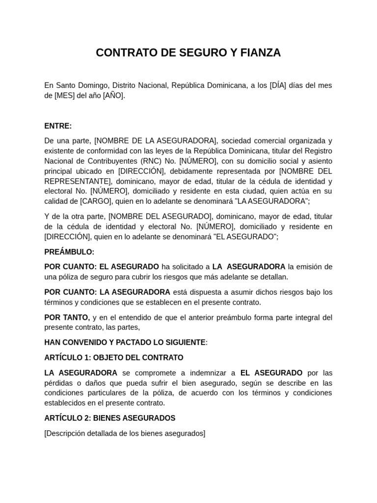 Contrato de Seguro y Fianza en RD | PDF | Póliza de seguros | Seguro