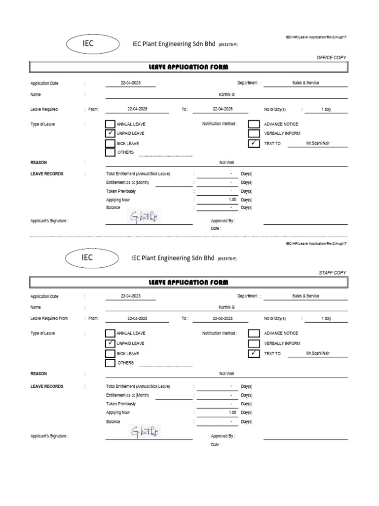 Karthik Apr 22 Leave Form | PDF | Welfare State | Business Law