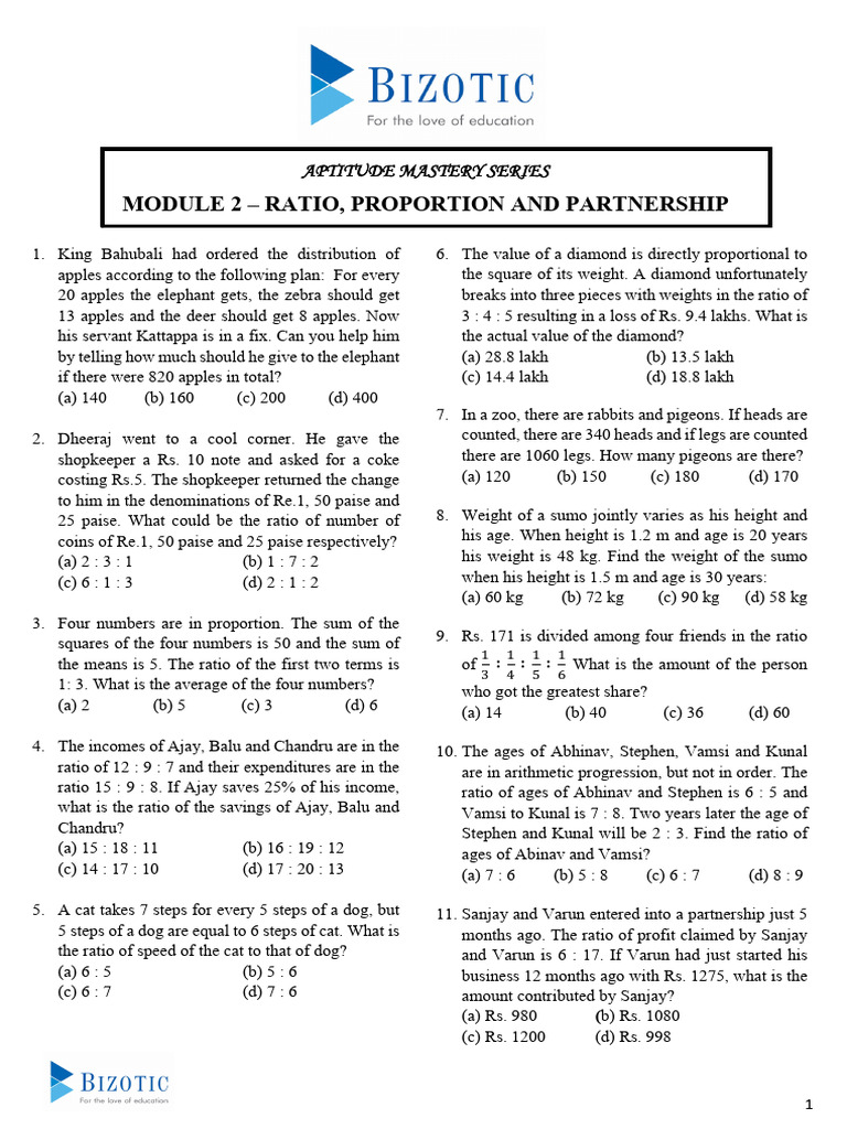 Ratio and Proportion Practice Problems | PDF | Ratio