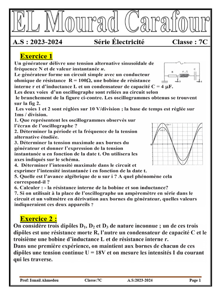 Exercices d'électricité - Classe 7C | PDF