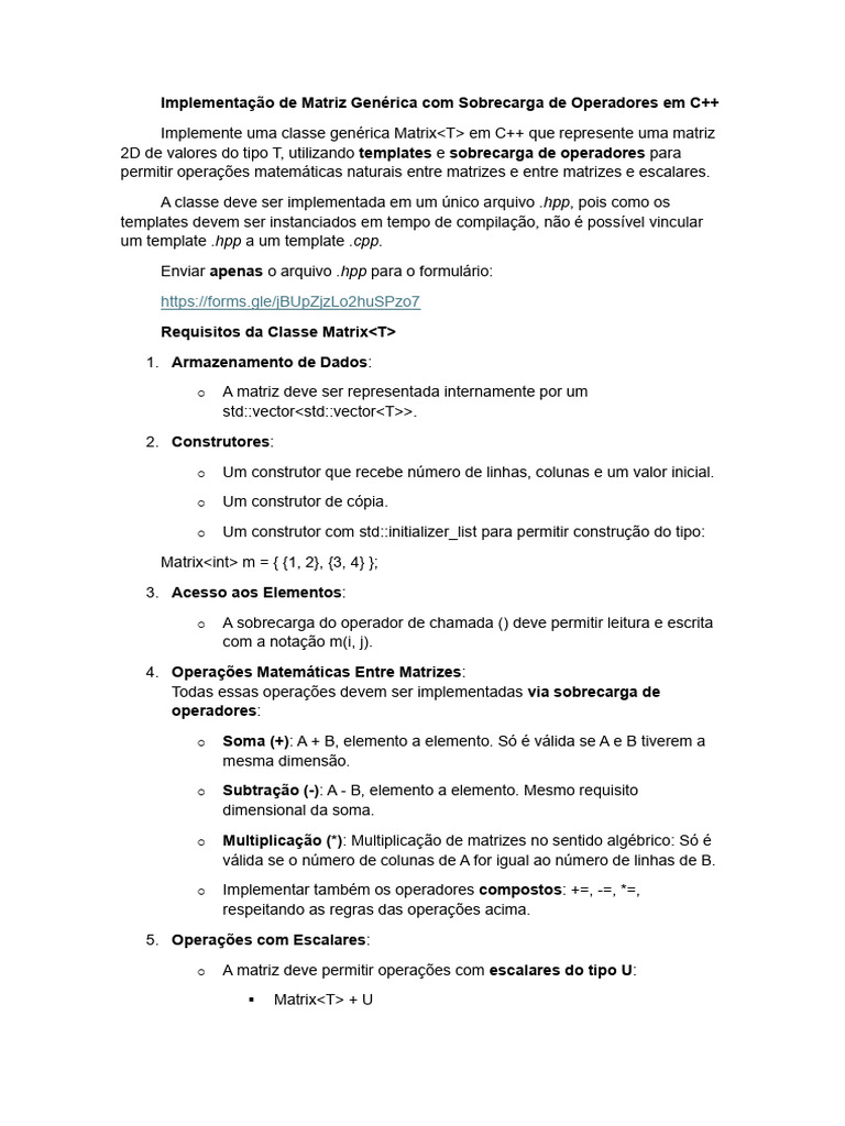 Implementação de Matriz Genérica em C++ | PDF | Matriz (Matemática ...