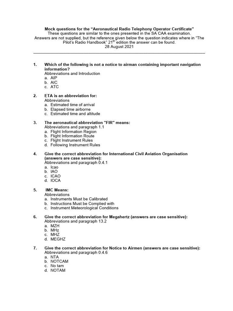 Aeronautical Radio Telephony Exam Questions | PDF | Instrument Flight ...