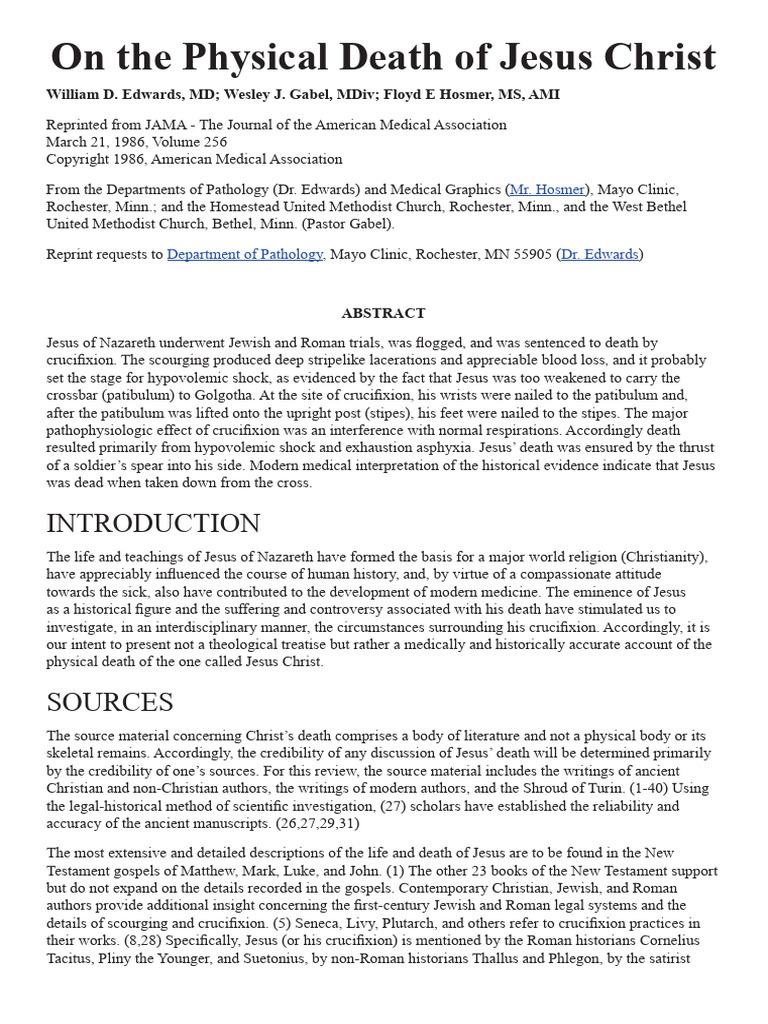 Medical Analysis of Jesus' Death | PDF | Crucifixion | Crucifixion Of Jesus