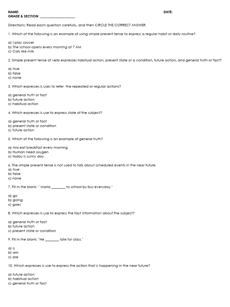 Simple Present Tense Quiz for Students | PDF