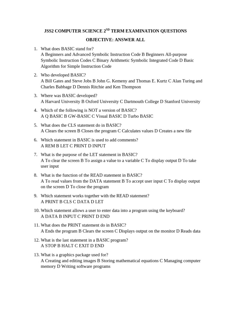 Jss2 Computer Science 2nd Term Examination Questions | PDF | Basic ...
