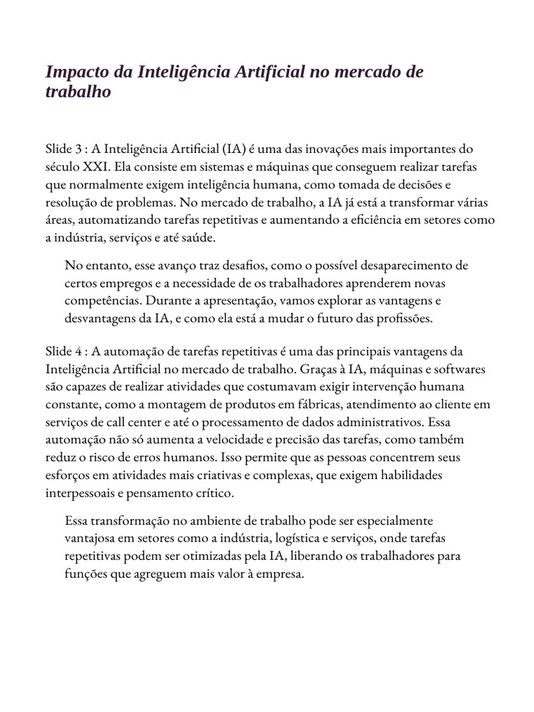 Impacto da IA no Mercado de Trabalho | PDF | Inteligência artificial ...