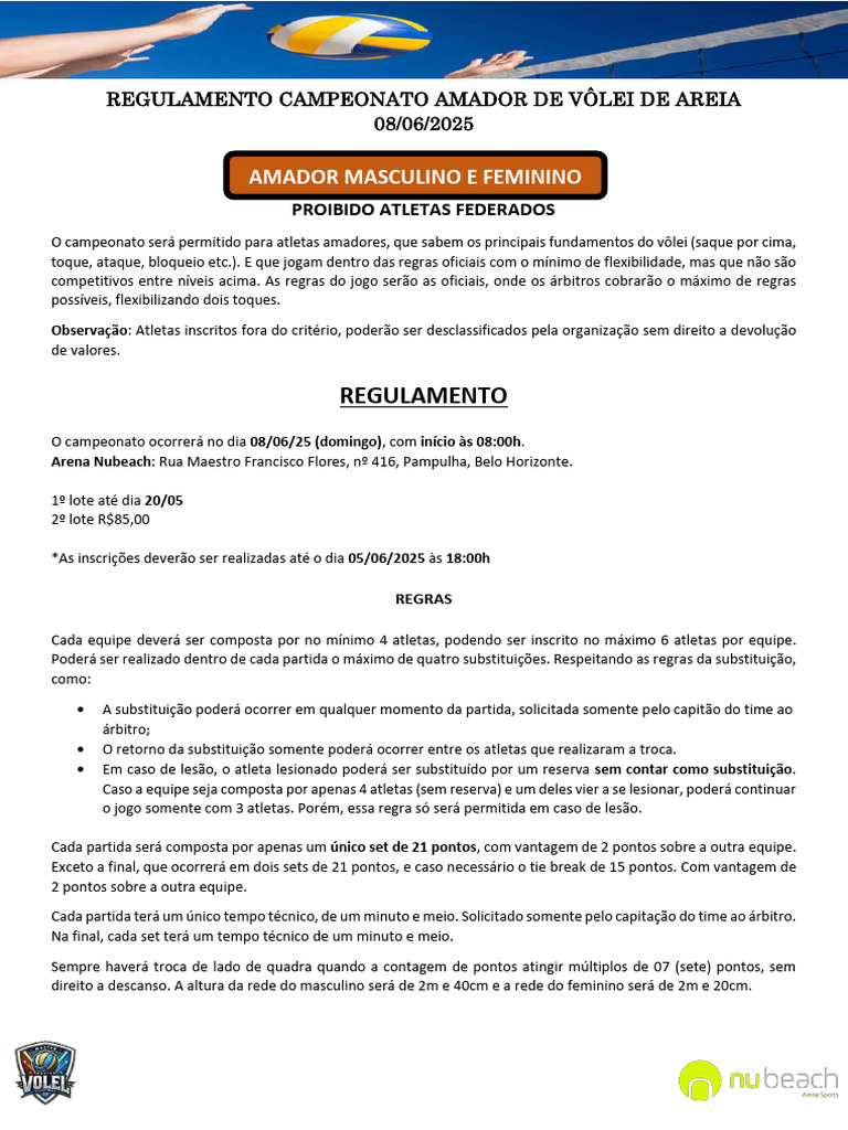 Regulamento Campeonato Vôlei de Areia 2025 | PDF | Voleibol | Regras e ...
