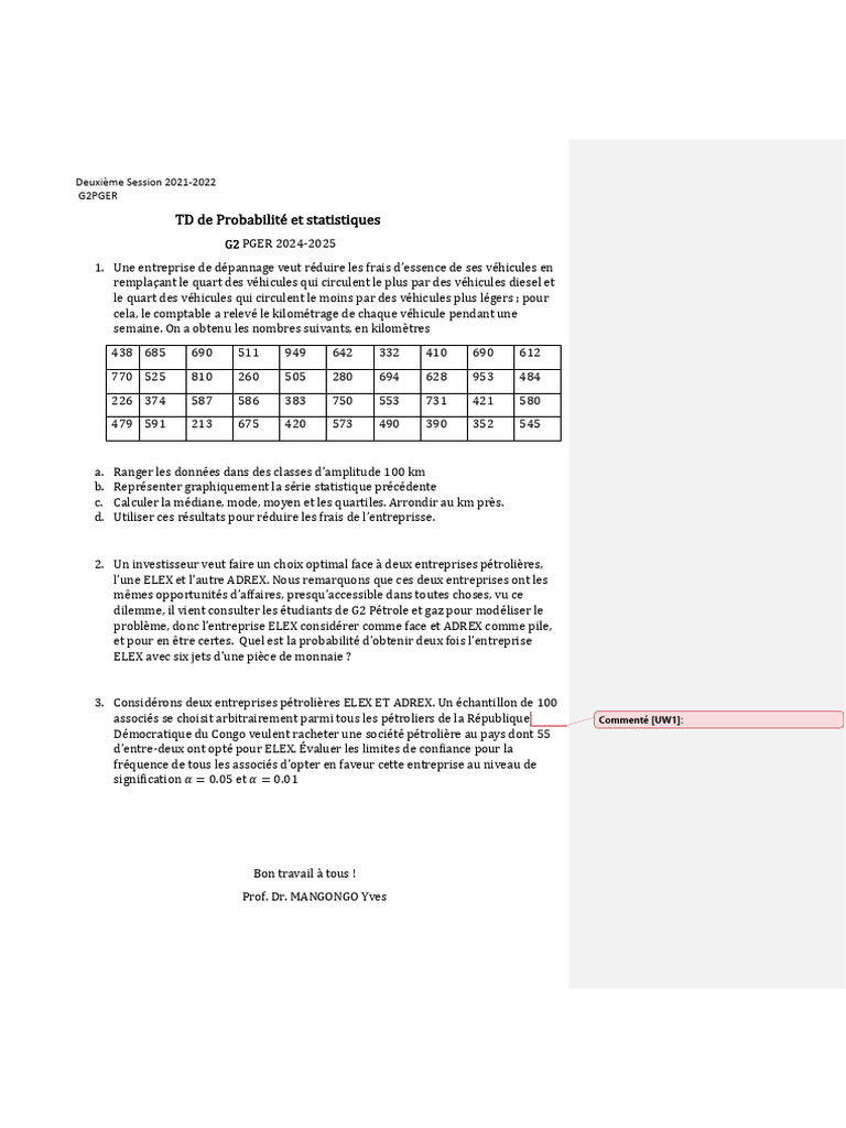 Analyse statistique pour G2 PGER 2024-2025 | PDF