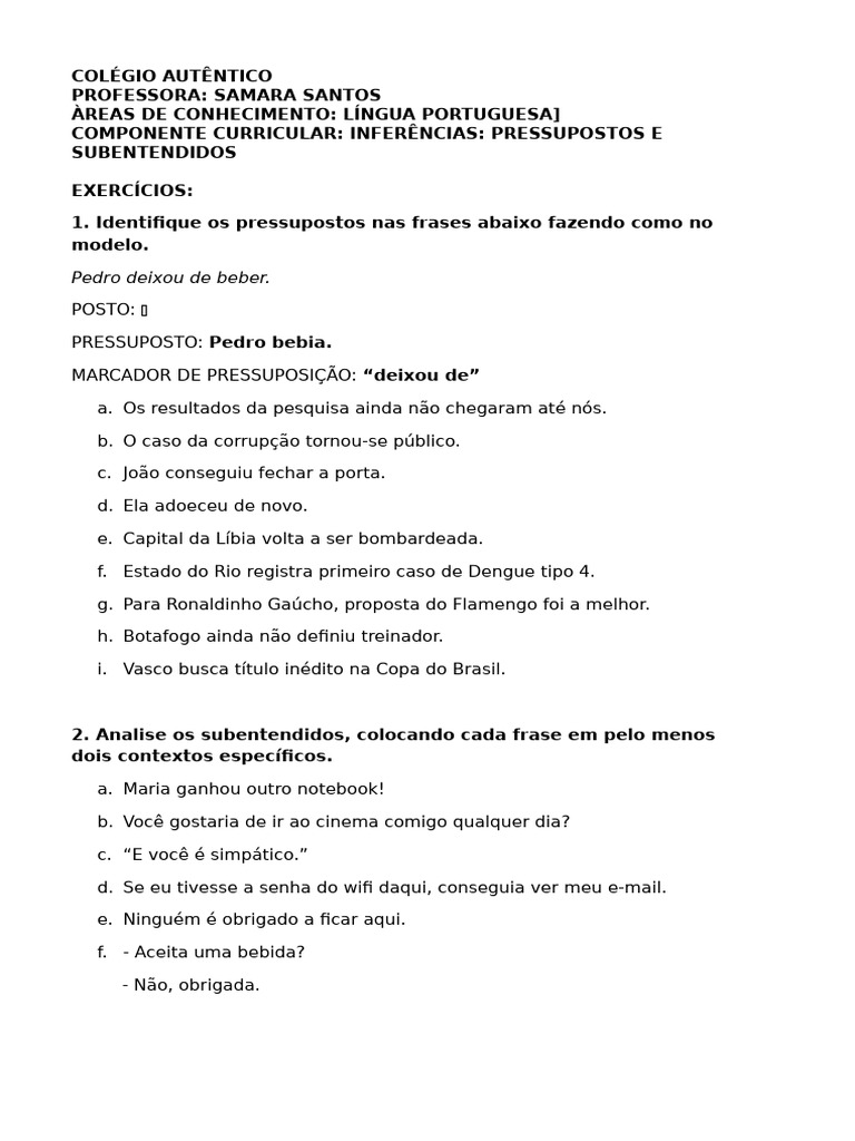 Exercícios sobre Pressupostos e Subentendidos | PDF | Estado
