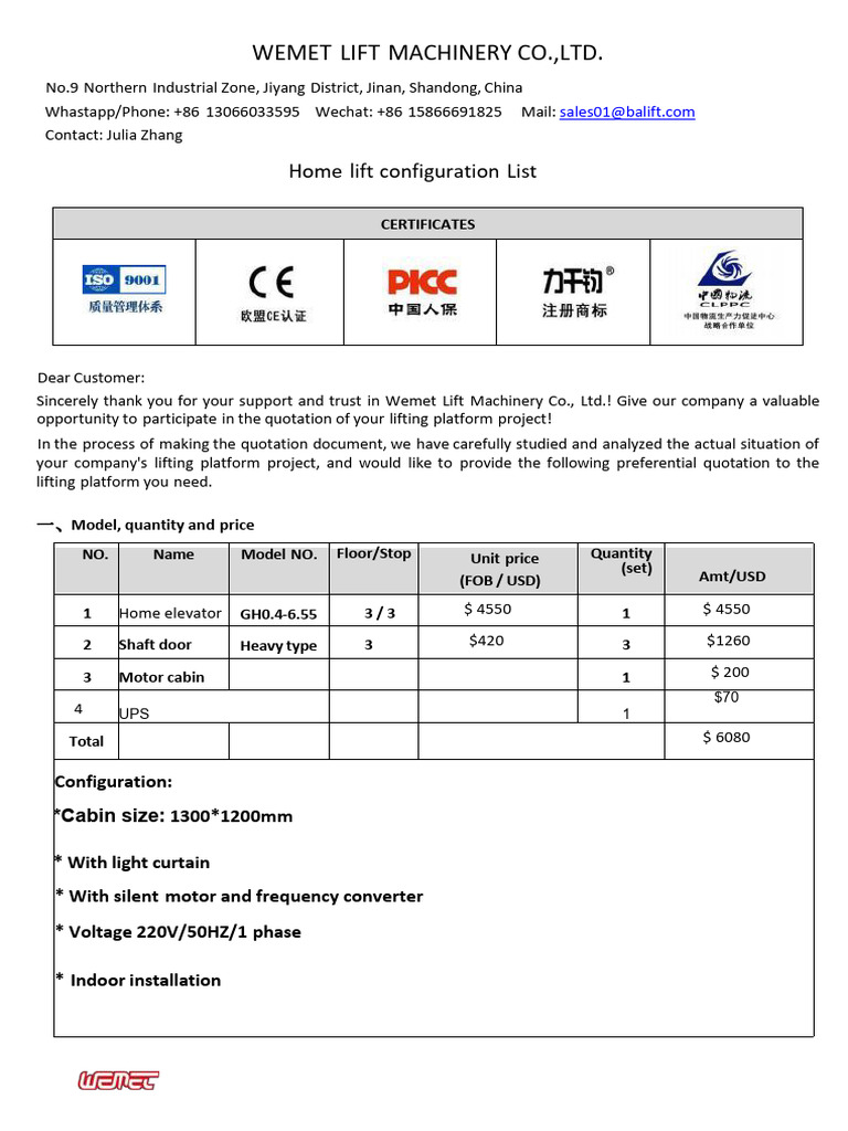 Home Elevator Quotation and Specs | PDF | Elevator | Manufactured Goods