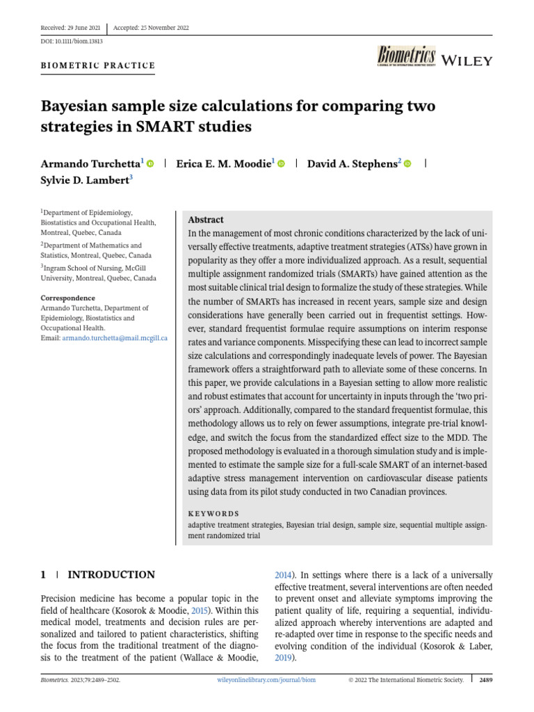 Bayesian Sample Size for SMART Trials | PDF | Bayesian Inference ...