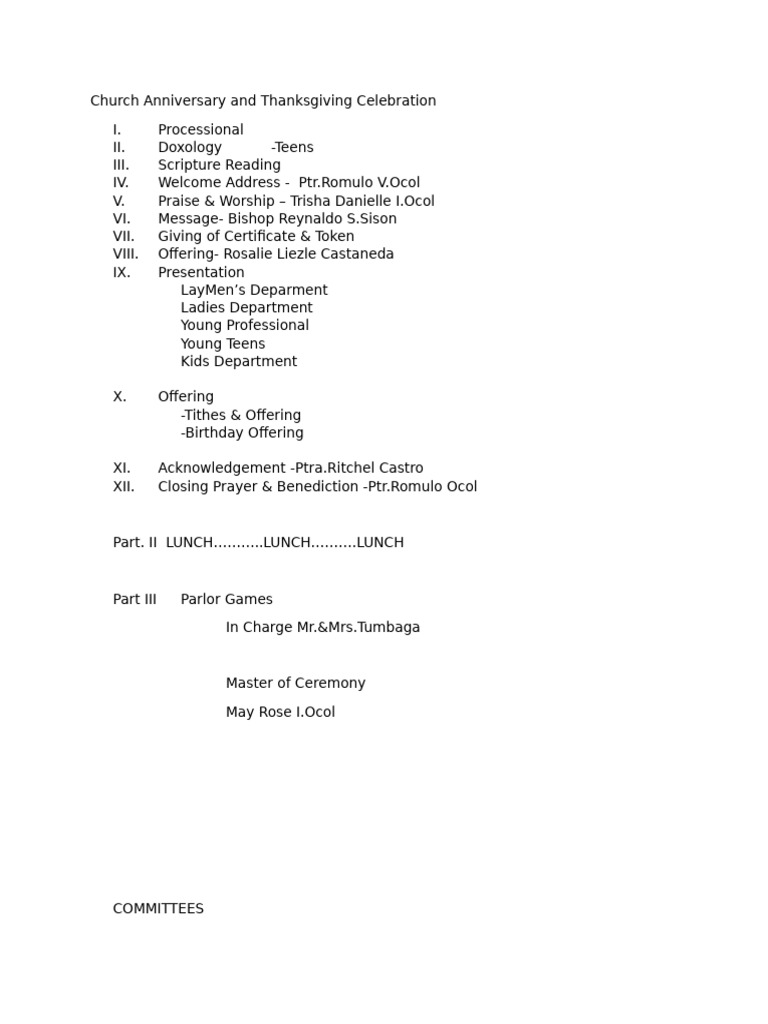 Church Anniversary Celebration Agenda | PDF