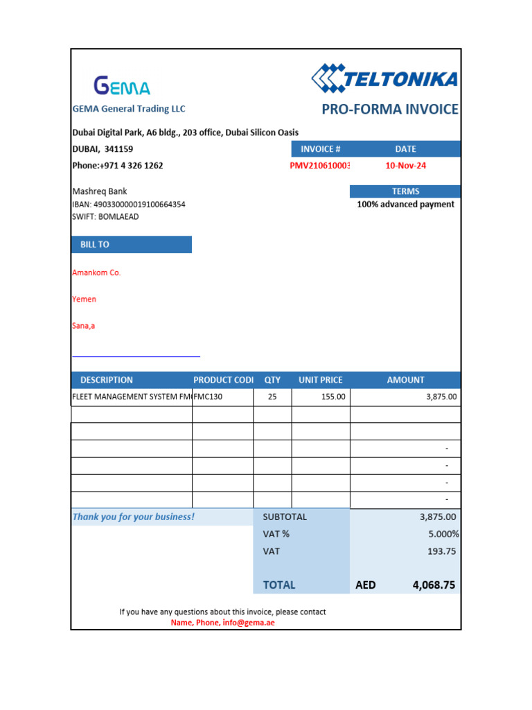 GEMA Pro-Forma Invoice for Fleet System | PDF