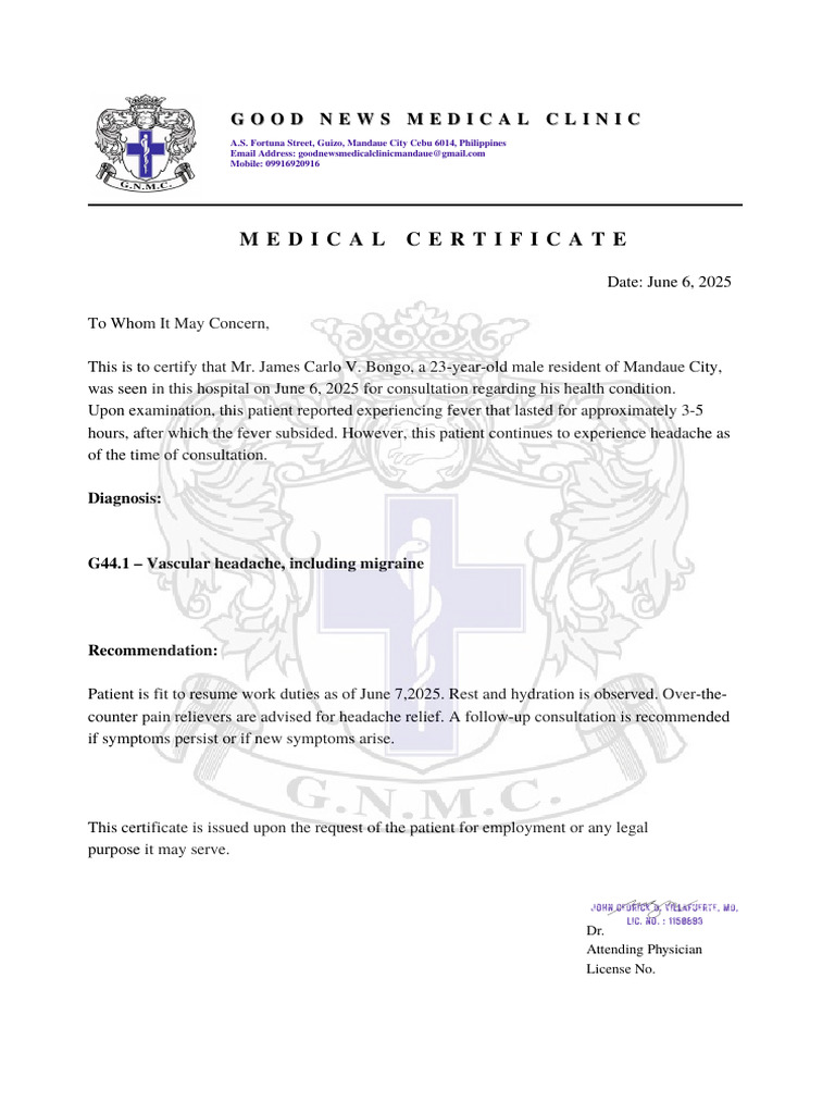 Medical Certificate for Headache Diagnosis | PDF