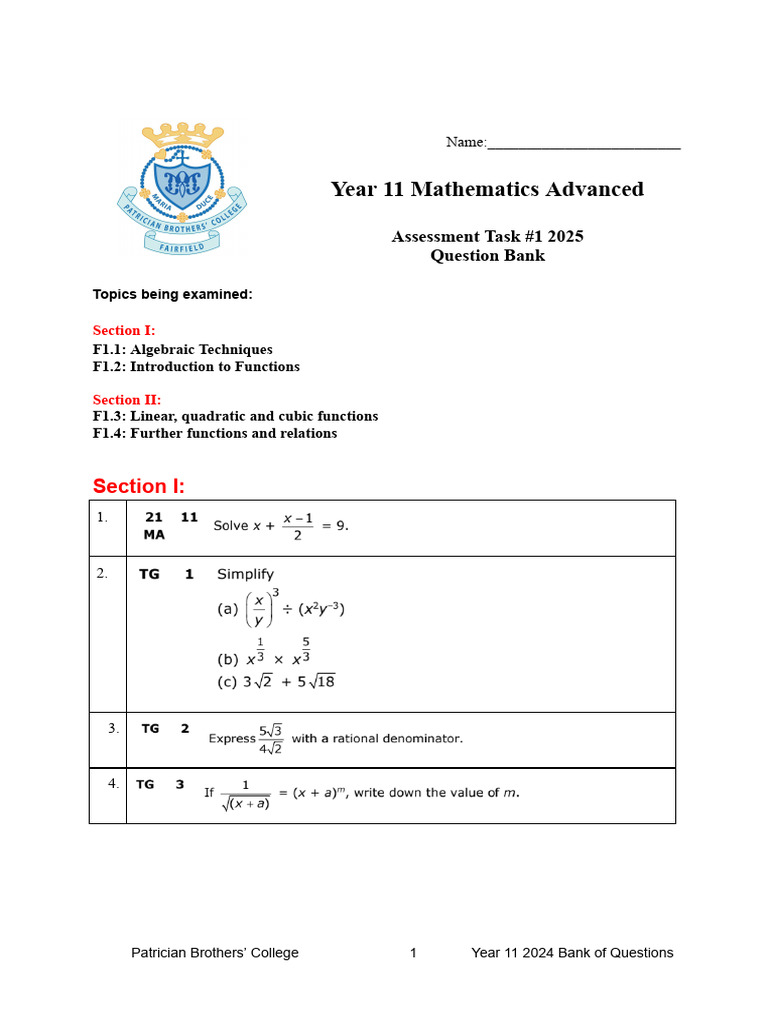 Year 11 Advanced Math Test 2025 | PDF