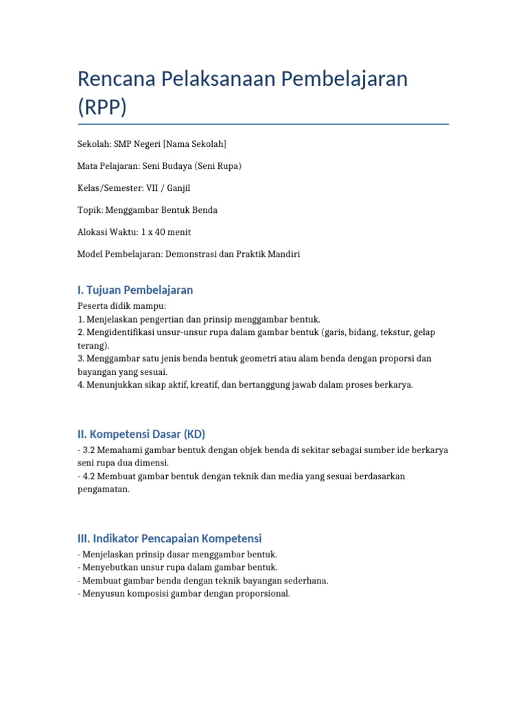 RPP Seni Rupa Kelas 7: Menggambar Bentuk | PDF