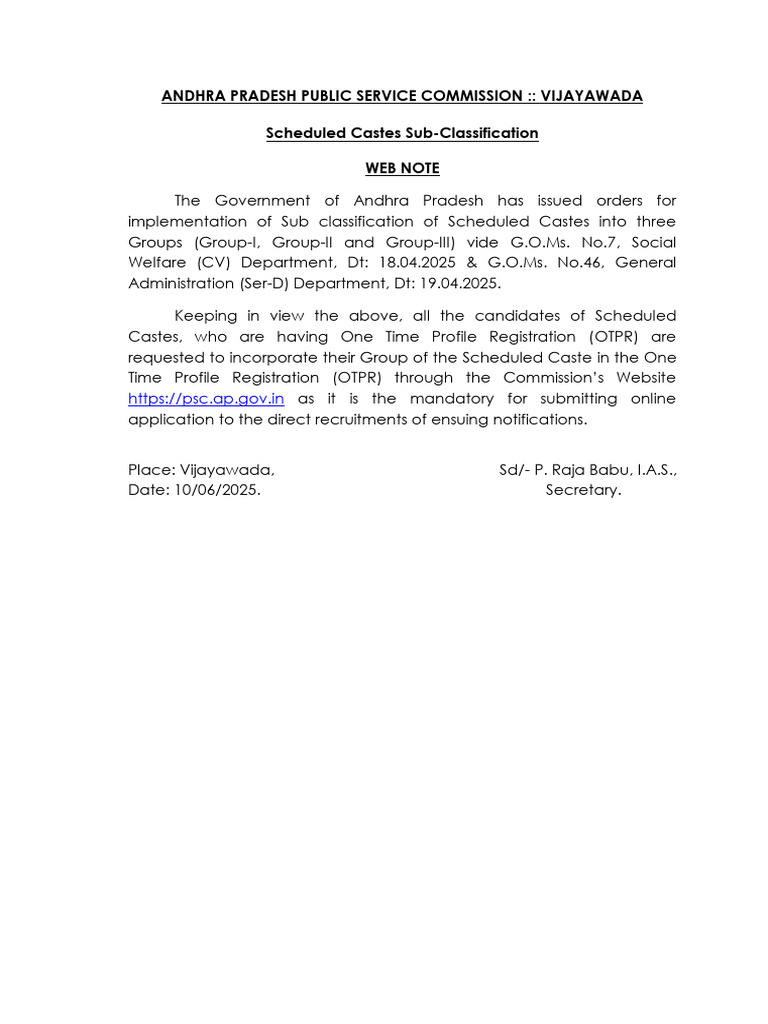 AP SC Sub-Classification Web Note | PDF