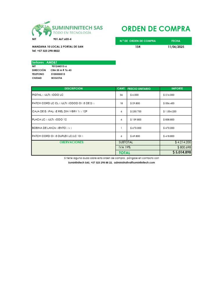 Orden de Compra Suminfinitech SAS | PDF