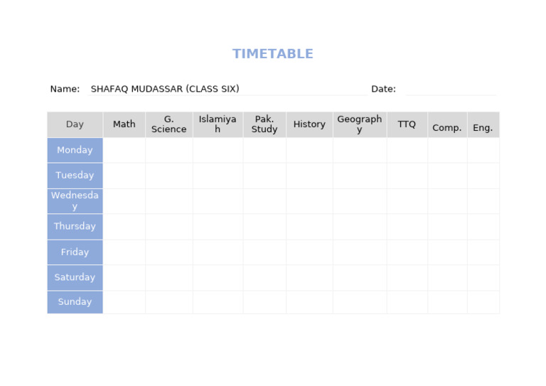 Class Six Weekly Timetable | PDF