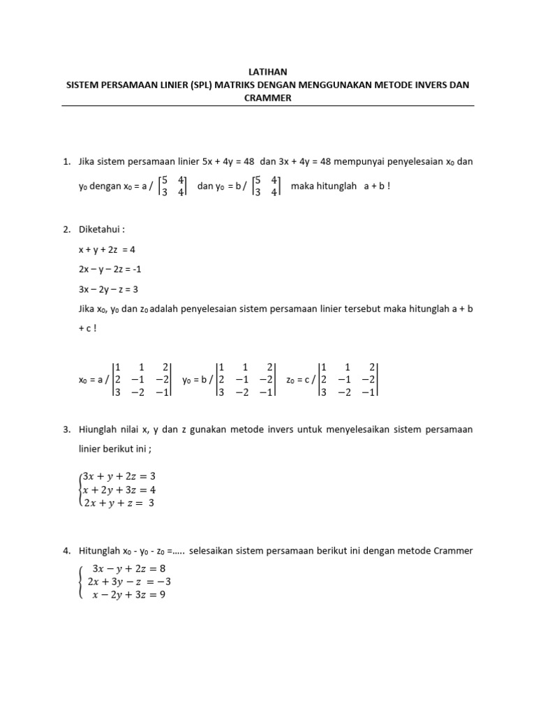 Latihan SPL Matriks: Metode Invers & Crammer | PDF