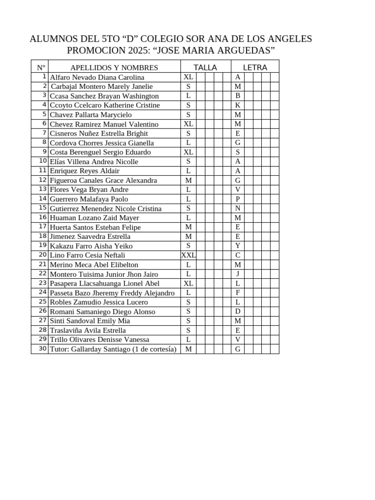 Lista de Nombres y Letras Del 5to D | PDF