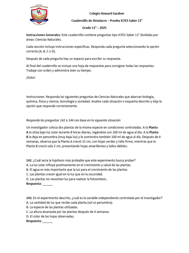 Cuadernillo Simulacro ICFES 11° Ciencias Naturales | PDF | Plantas | Ácido
